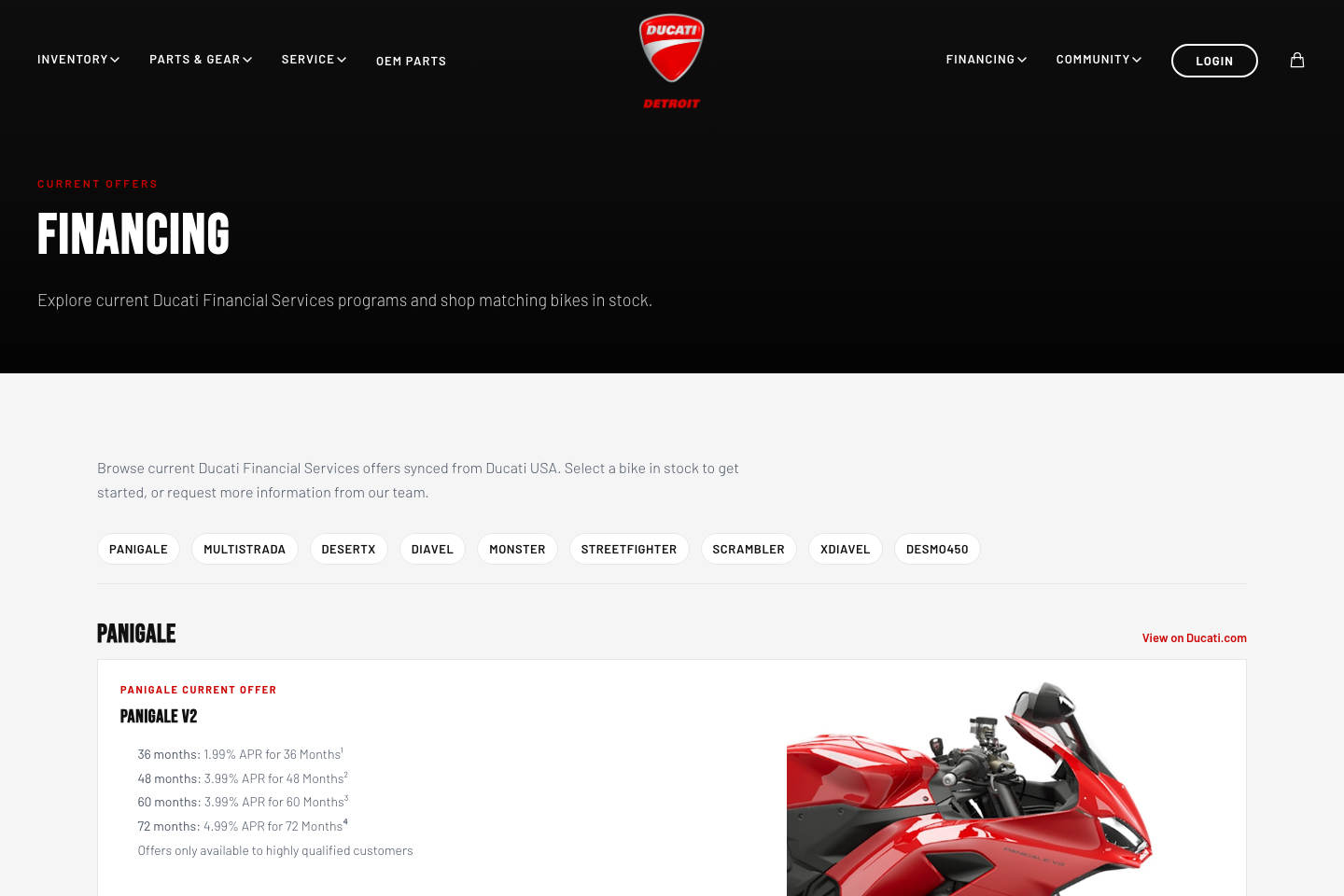 Financing page with model filters and a current Panigale offer