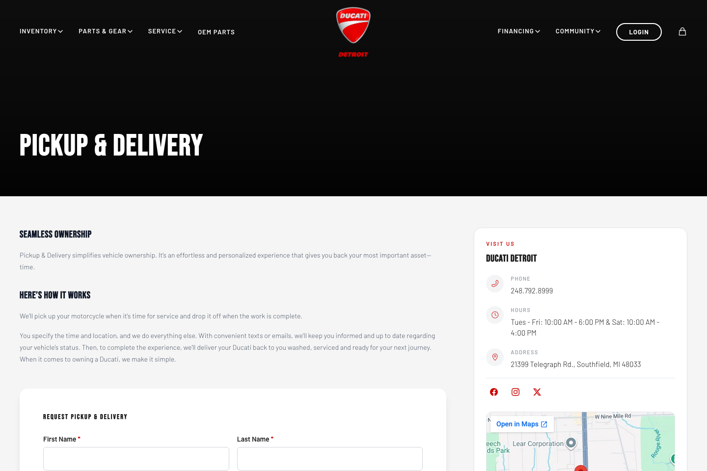 Pickup and delivery request page